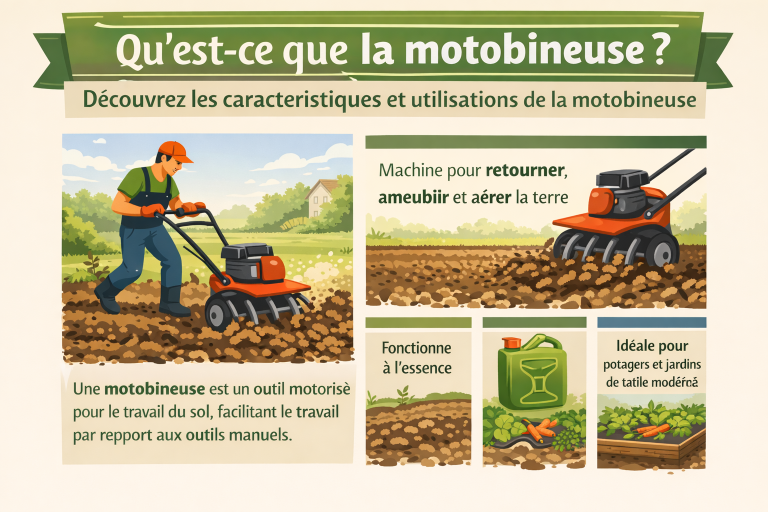 Motobineuse en action dans un jardin